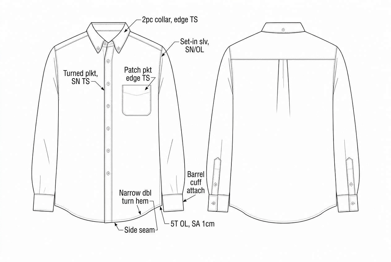 Oxford Button Down Shirt: Sewing details: every construction callout drawn on the flat